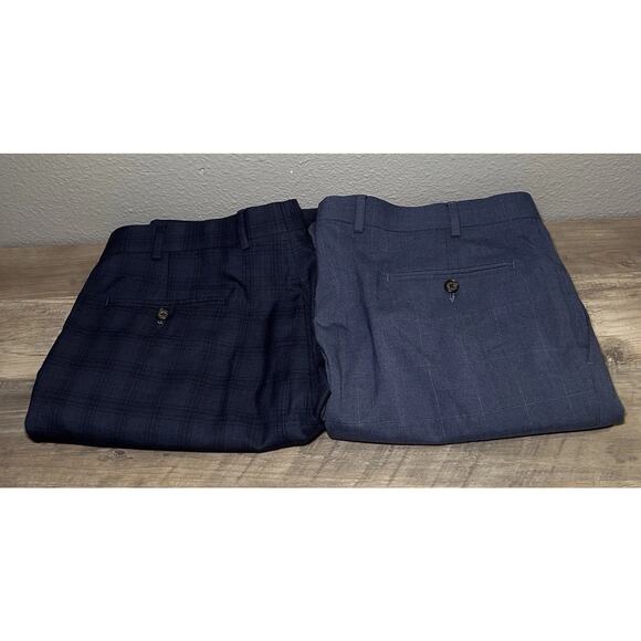 Ralph Ralph Lauren 2 Pair 36x31 Gray/Blue Check Pleated Cuffed Mens Dress Pants - Picture 1 of 16